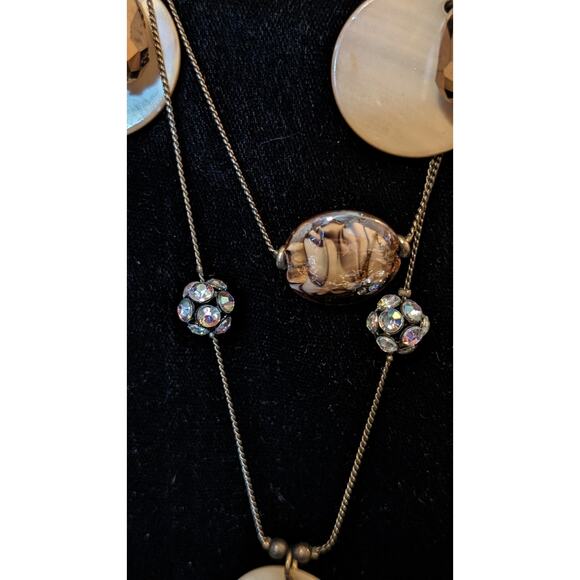 Antique Bronze Chain W/ Shell Glass CZ Ball Crystal Teardrop Beaded 36" Necklace - Picture 3 of 8